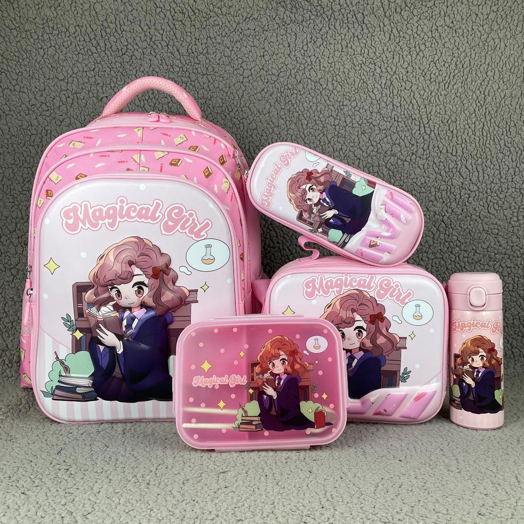 Student Schoolbag 5-Piece Set Can Hold Tie Rod Cartoon 16-Inch Backpack Lunch Bag Pencil Case Water Cup