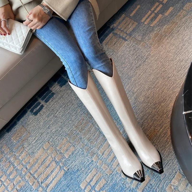 Autumn and Winter Minimalist Paragraph Metal Pointed Classic Long Boots Thick Heels High Heels Slim Boots Fashion Boots