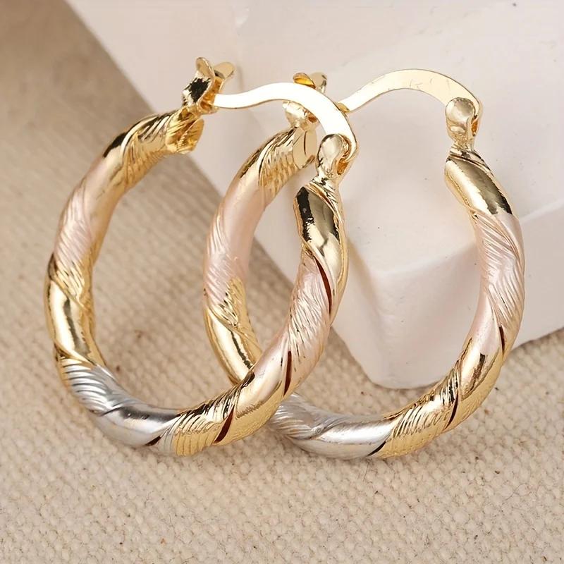 Two-Tone Elegant & Classic Twisted Hoop Earrings, Golden And Silvery Round Hoops, Minimalist Fashion Accessories For Womenry