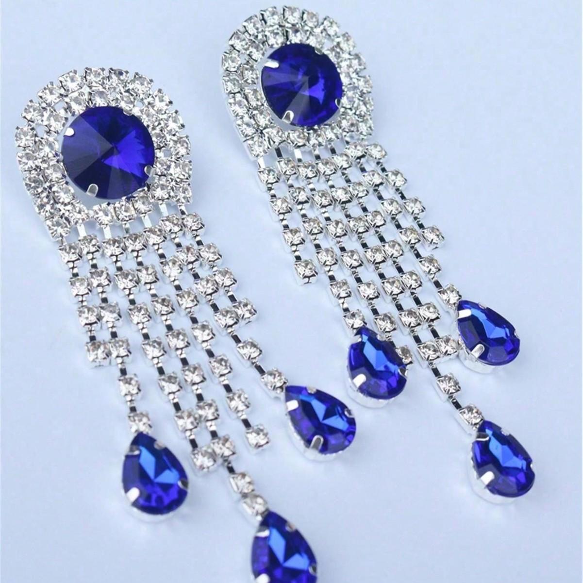 

Big Green Gem Rhinestone Long Fringed Earrings Ladies Pageant Ball Crystal Pendant Earrings синий