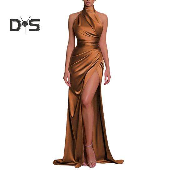 Women Ball Gown Stand Collar Halter Neck Off Shoulder Sleeveless Satin Evening Dress Slim Fit Pleated Solid Color High Slit Floor Length Maxi Dress