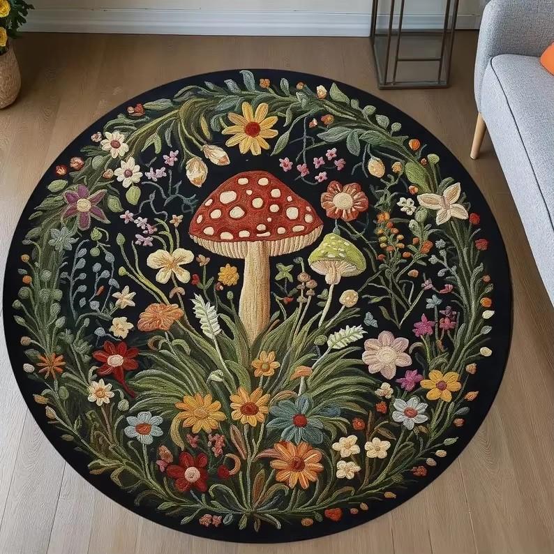 Round Black Carpet Dreamy Colored Mushroom Pattern Rug Living Room Bedroom Anti Slip Dirt Resistant Floor Mat Home Decoration