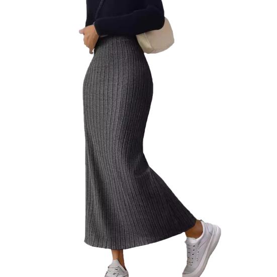 Maxi Skirt with Side Slits High-Waisted Ribbed Long Skirt Solid Color Hip Wrapped Autumn Winter Long Skirt