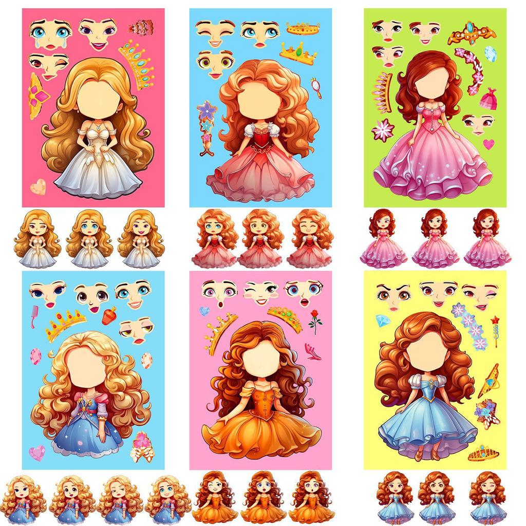 6 Photos/pack of Cute Princess Face Change Stickers Repeatable Stickers Girl Stickers