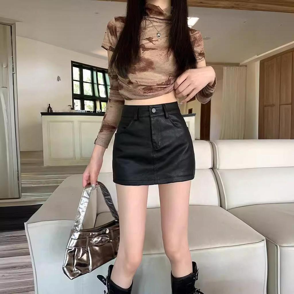 Women's PU Leather A-Line Skirt - High Waist, Slim Fit, Coffee Color, Autumn/Winter 2023 Collection