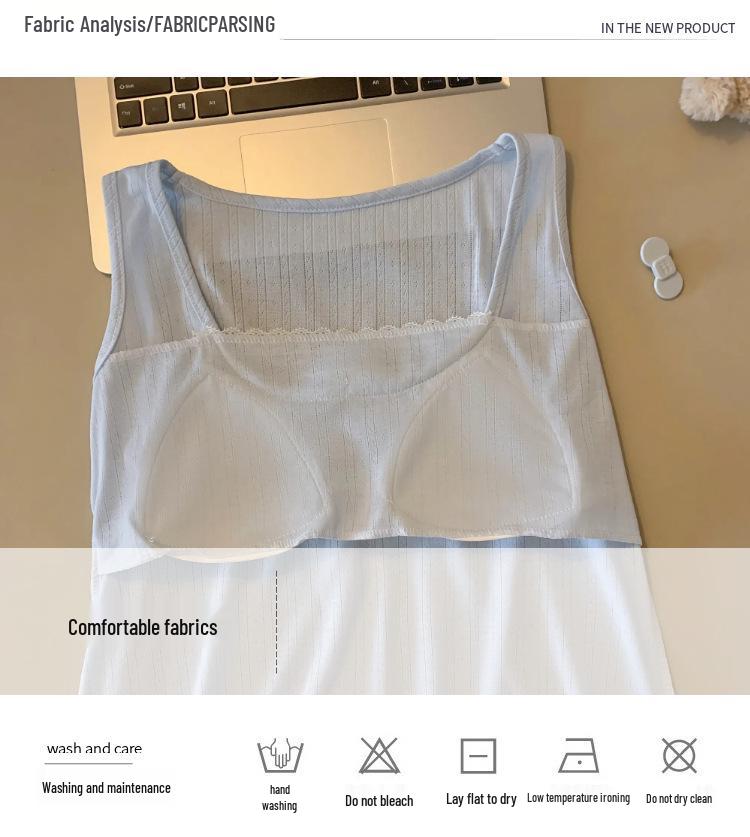 2026 Summer Blue Sleeveless Nightgown with Chest Pads - Women's Sweet Pure Desire Style
