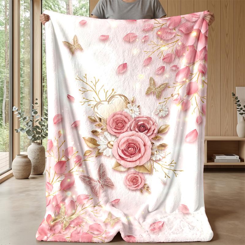 Pink Rose Floral Pattern Theme Blanket Lightweight Warm Flannel Blanket Decorative Throw Blanket for Home Decoration