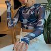 Women Marble Print Sheer Mesh Long Sleeve Crop Top Slim See Through Y2K Casual Blouse