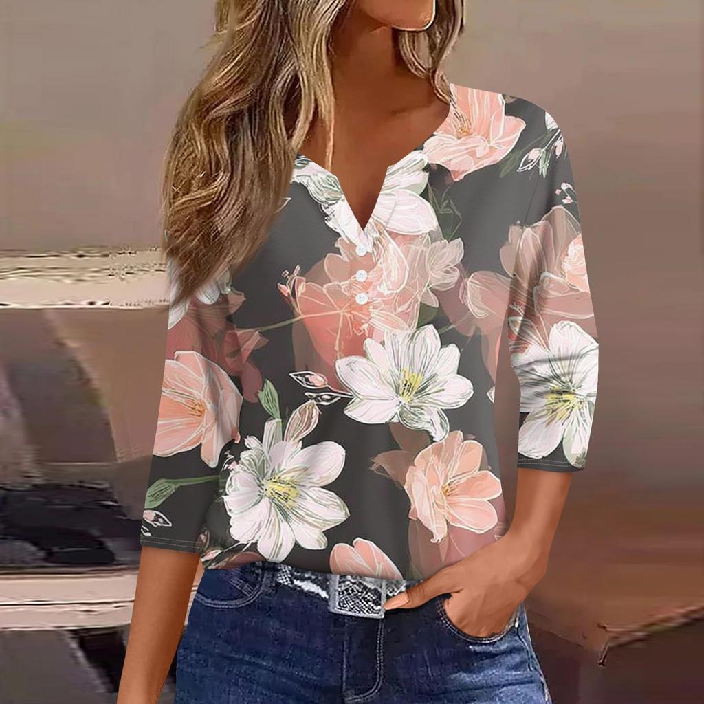 Women's Fashion Casual Floral Print V-Neck Decorative Button Three-quarter Sleeve T-Shirt Top