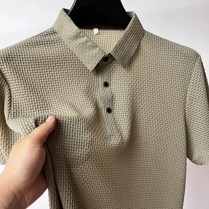 Men's Spring and Summer Plus Size Lapel Peplum Short Sleeve Solid Colour Simple Mesh Ice Silk Shirt