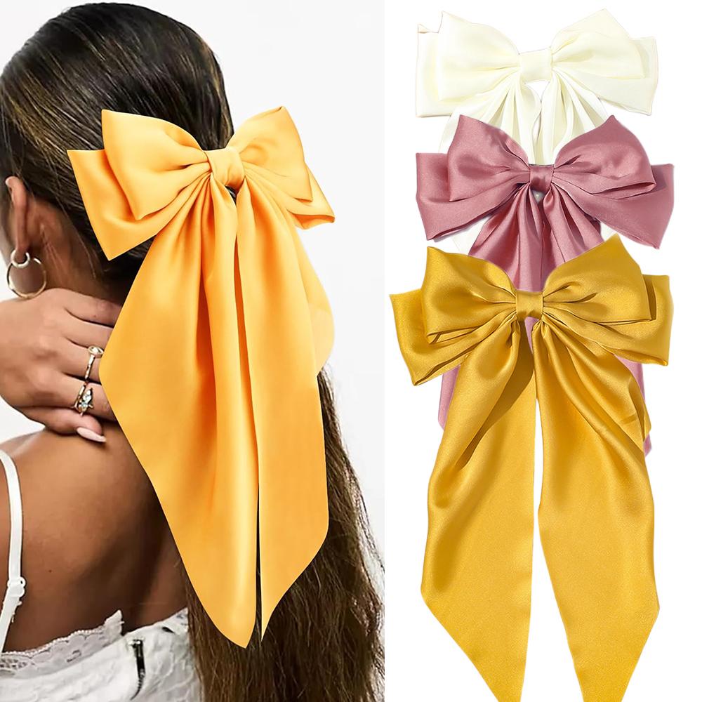 Korean Accessories Hair Clips for Women Girls Big Bowknot Solid Satin Long Ribbon Bows Spring Clamp Barette Cheveux Femme 2026