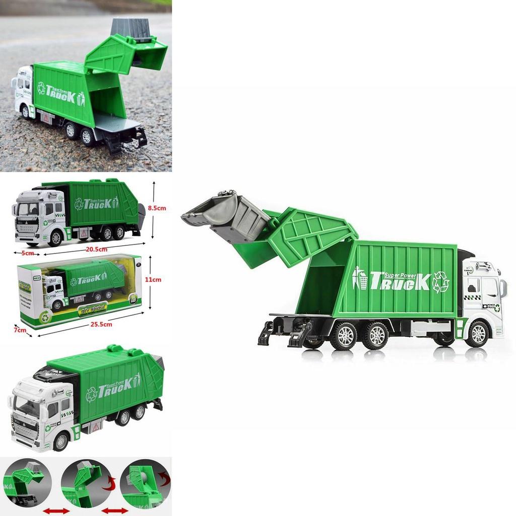 Colorful Diecast Garbage Truck Toy With Trash Bin For Kids Boys Xmas Gift