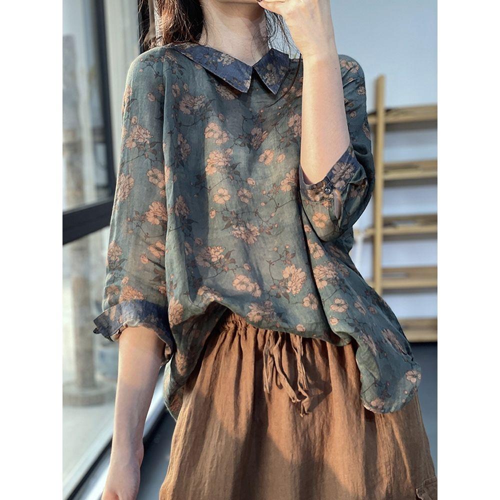 

Летняя Художественная Ретро Сращенная Свободная Рубашка Пуловер Цветочная Легкая Блузка Женская 2XL зелёный