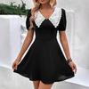 Summer Sweet and Spicy Short Skirt European and American Contrasting Color Doll Collar Bubble Sleeve Short Sleeve Dress Women's Clothing