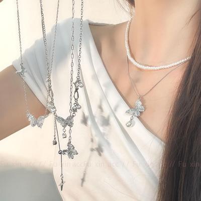 Elegant Blue Crystal Butterfly & Pearl Double-Layer Necklace: Cool, Light, Versatile Clavicle Chain for Women