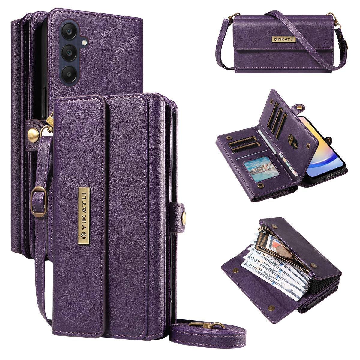 

For Samsung Galaxy A25 5G (Global) (161.0 x 76.5 x 8.3mm) Case YIKATU YK-008 Zipper Wallet Leather Phone Cover with Shoulder Strap Purple