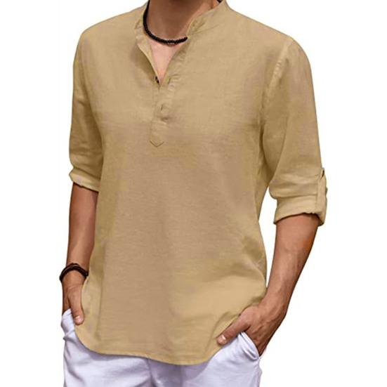 Men Shirt Solid Color Adjustable Sleeve Pullover Stand Collar Long Sleeve Summer Top Daily Garment