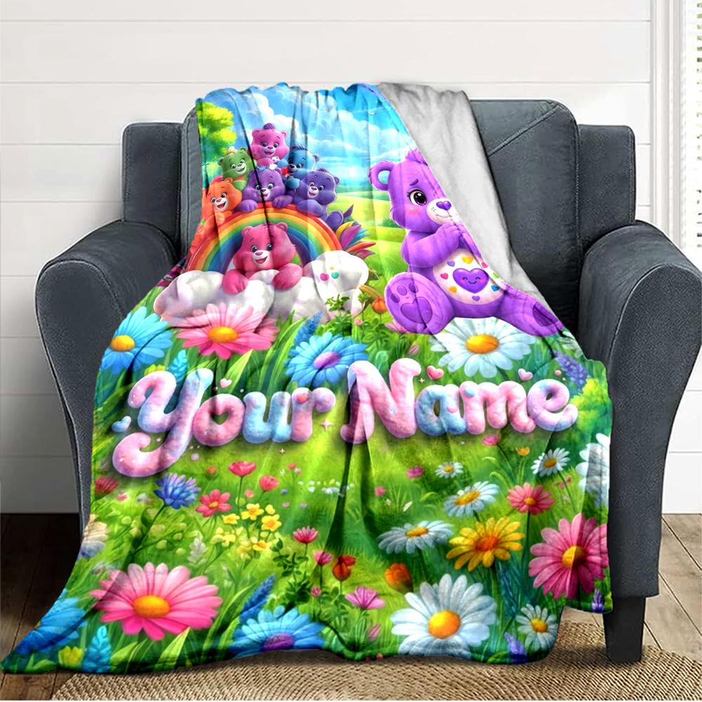 Name Custom Cartoon Care Bears Print Flannel Blanket High Quality Warm Comfortable Cover for All Seasons Perfect for Gifts Home Decor