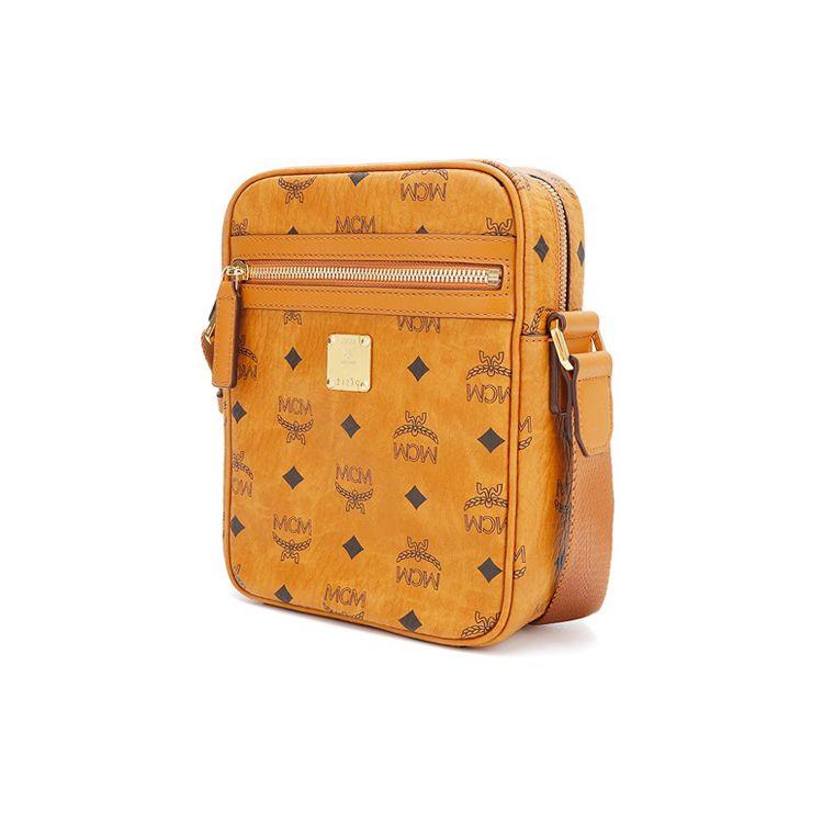 MCM Borsa a tracolla mini in pelle con monogramma Visetos Classico, tracolla regolabile, cerniera, da uomo, colore Marrone Cognac MMRAAKC04CO001