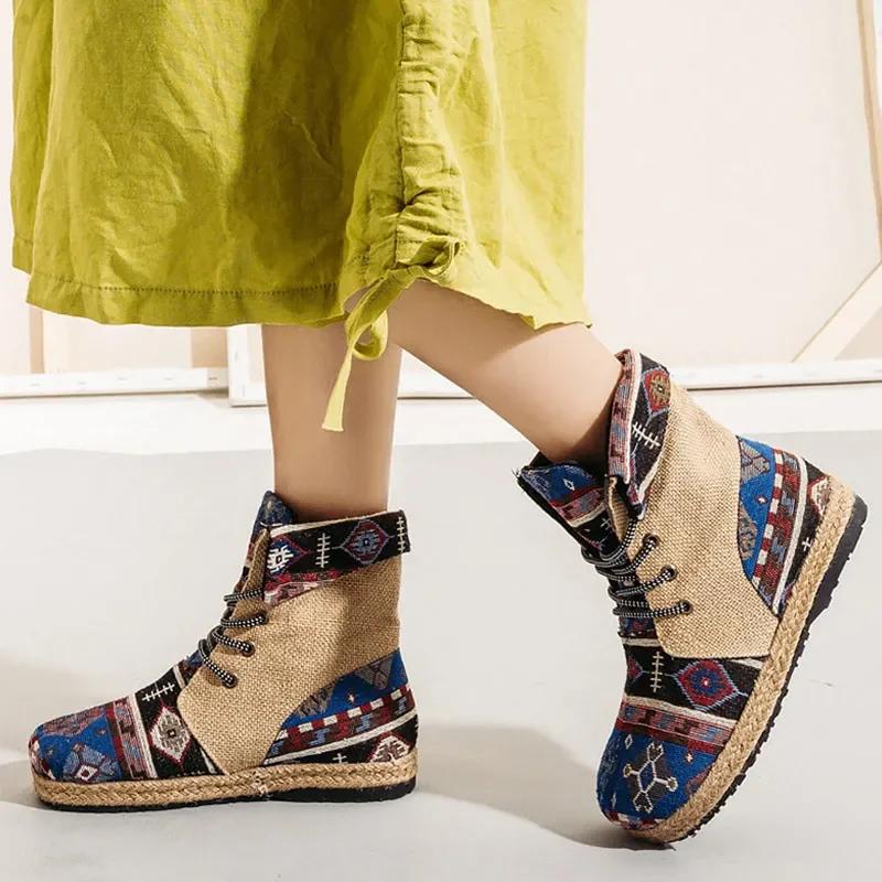 

Ботильоны женские Лоскутные женские ботинки Вышитые на шнуровке Легкие дышащие хлопковые льняные дизайнерские женские повседневные туфли Botines 37