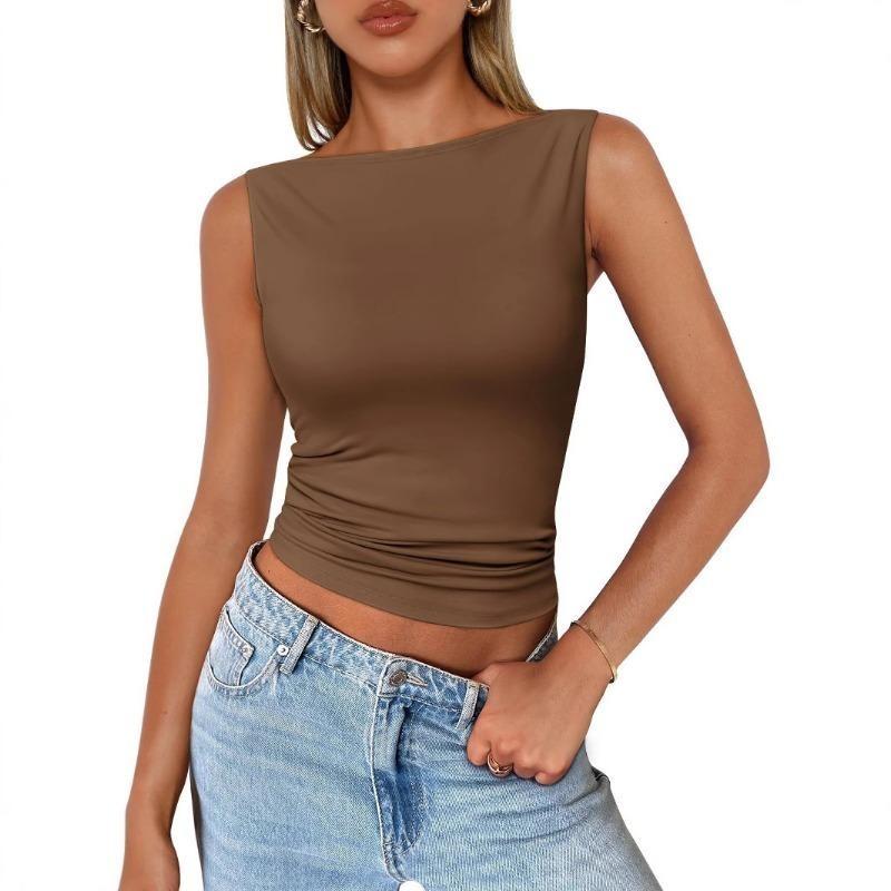 Top da donna aderente con scollo a barca, senza maniche, tinta unita, con orlo arricciato, crop top casual