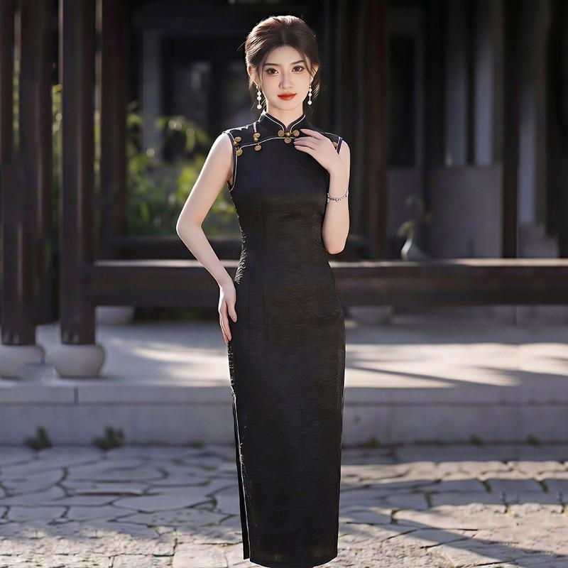 Black Sleeveless Modern Chinese-Inspired Long Cheongsam Dress 2026 Womens Elegant Retro Style Small