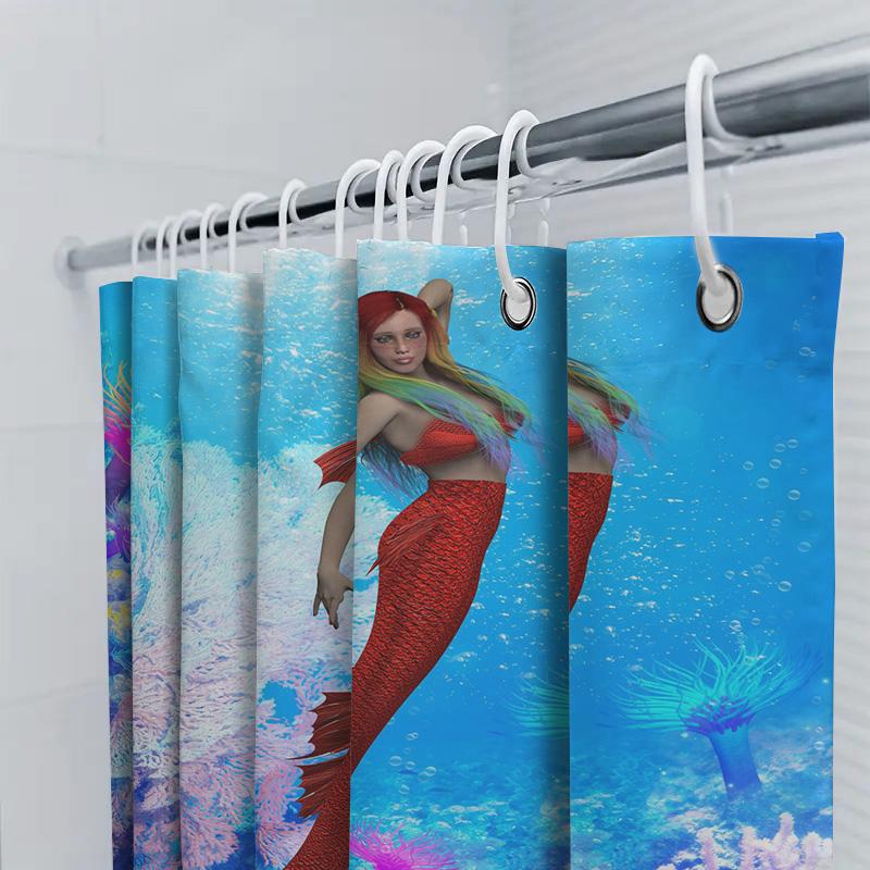 Mermaid Tail Shower Curtain Red Fish Scale Print Waterproof Fabric Home Decor Item For Bathroom Decoration