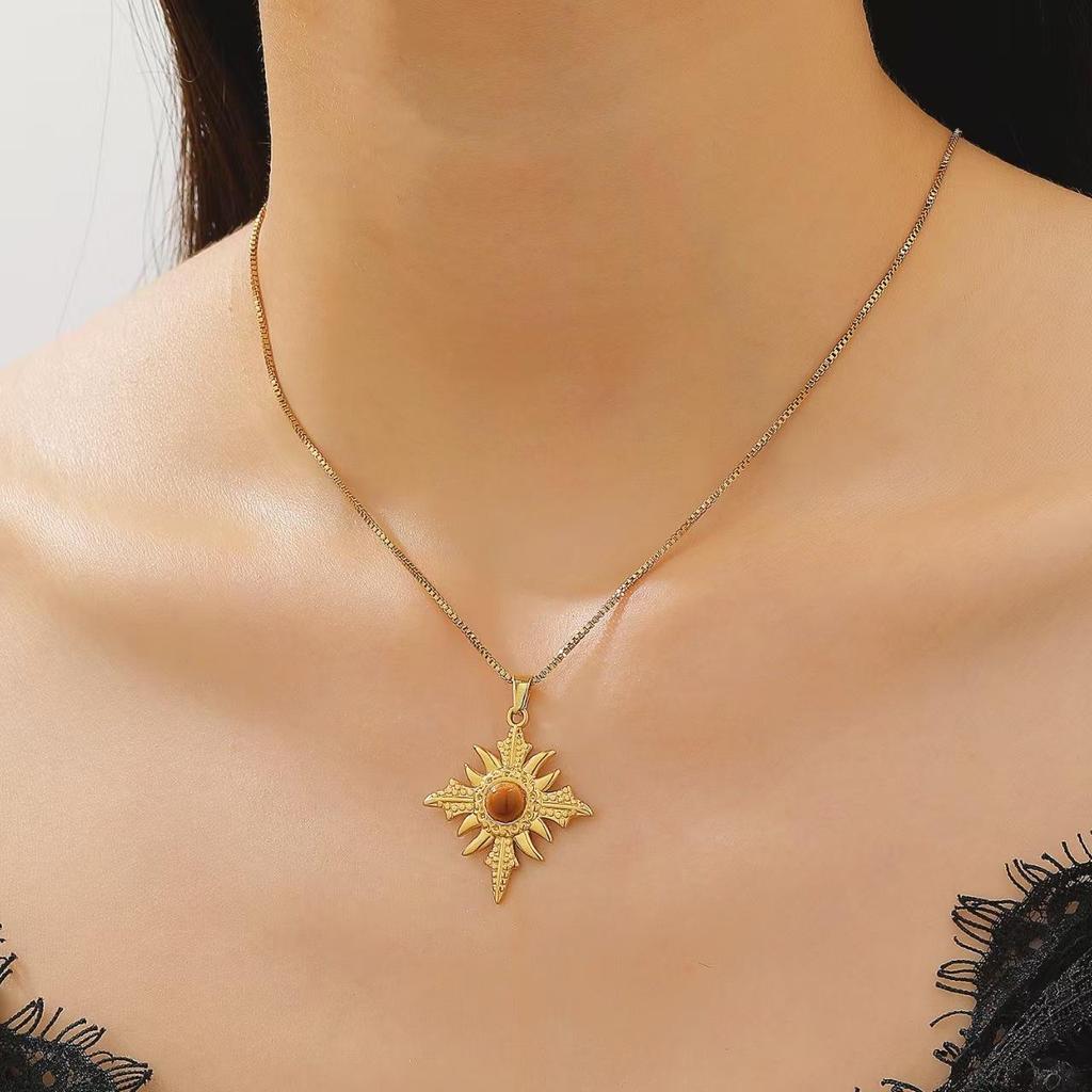Fashion Geometry Stainless Steel Imitation Tiger Eye Stone Necklace Pendant Sweater Chain