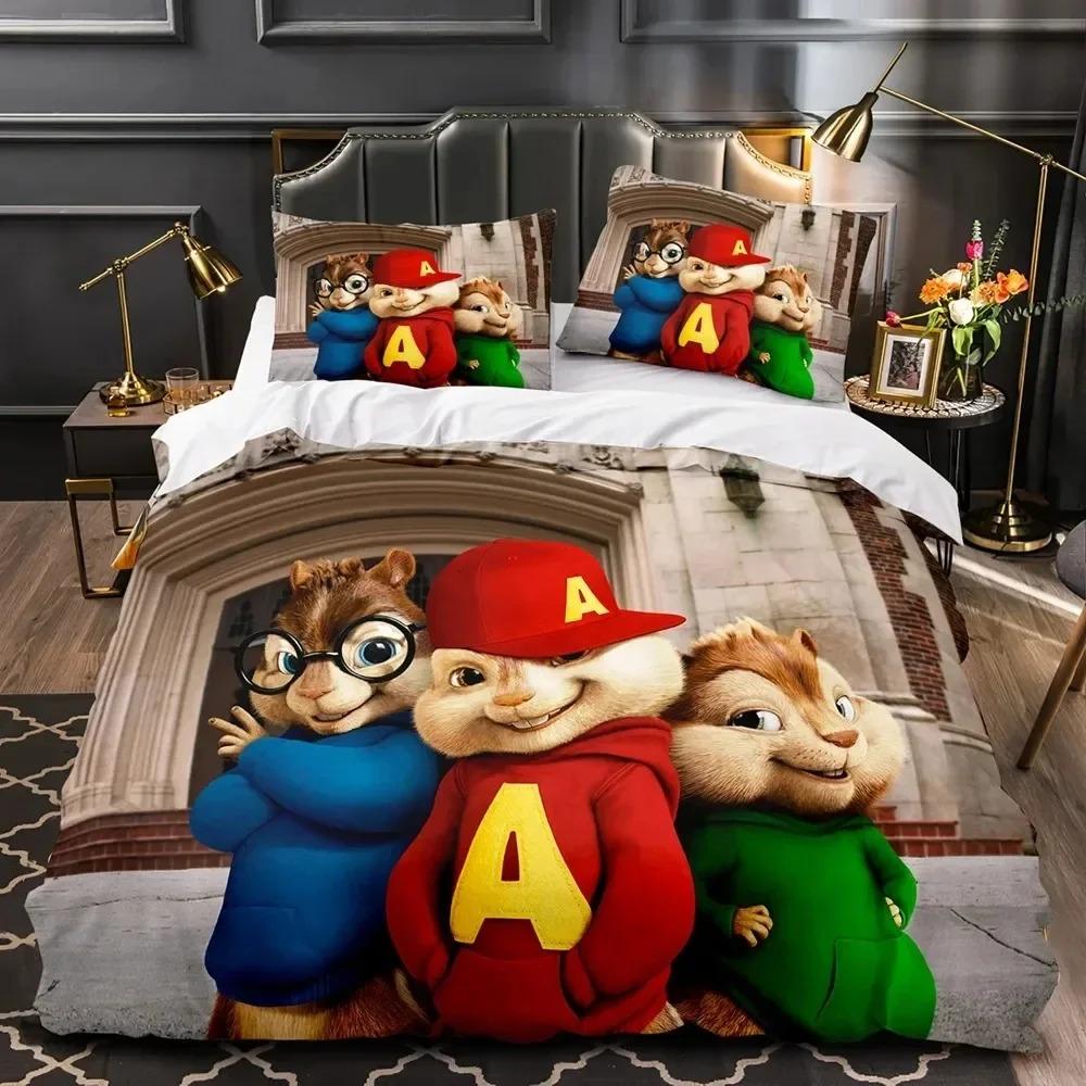 3D Printed Cartoon Chipmunks Alvin Bedding Set Duvet Cover Bed Set Quilt Cover Pillowcase Comforter King Queen Size Boys Adult