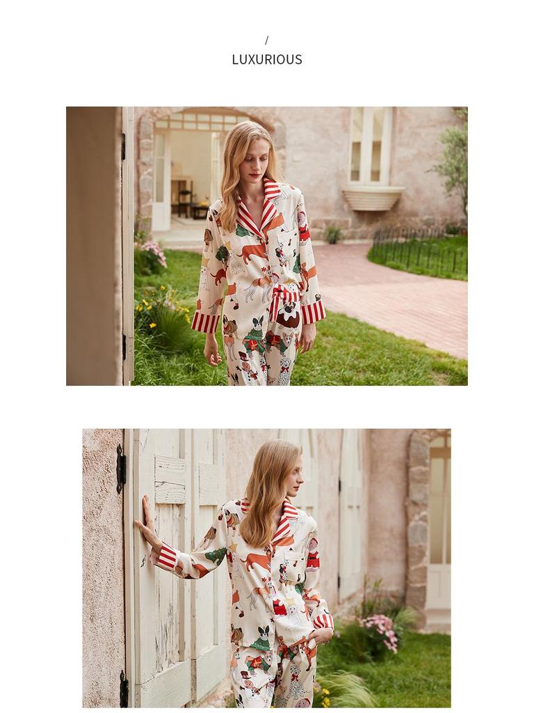 Weihnachts-Hund Damen Langarm Pyjama Set - Herbst/Frühling Seidenähnliche Homewear