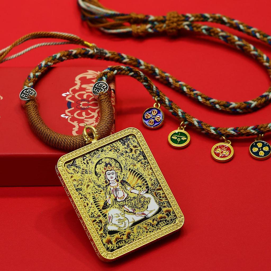 Tibetan Zodiac Eight Protectors Thangka Gold-Inlaid Square Pendant Necklace