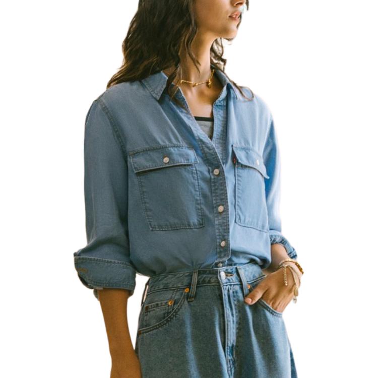 Levis SS24 Summer Collection Denim Solid Color Loose Long Sleeve Shirt Women shirts Light-Blue 001BO-0001