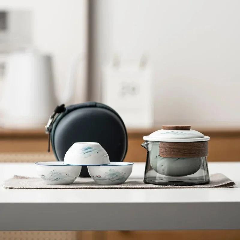 Travel Tea Set Kit 1 Teapot 3 Cups Portable Outdoor Camping Teapot and Tea Cup with Bag Teaware Sets Household Making Tea Tool