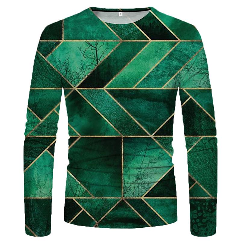 Farbblock 3D-Druck Herren T-Shirts Frühling Sommer Imitation Polyester Locker Rundhals Langarm Casual Tops Übergroßes T-Shirt