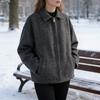 Women's Zip Up Wool Jacket Long Sleeve Lapel Short Pea Coat Casual Fall Spring Outerwear with Pockets