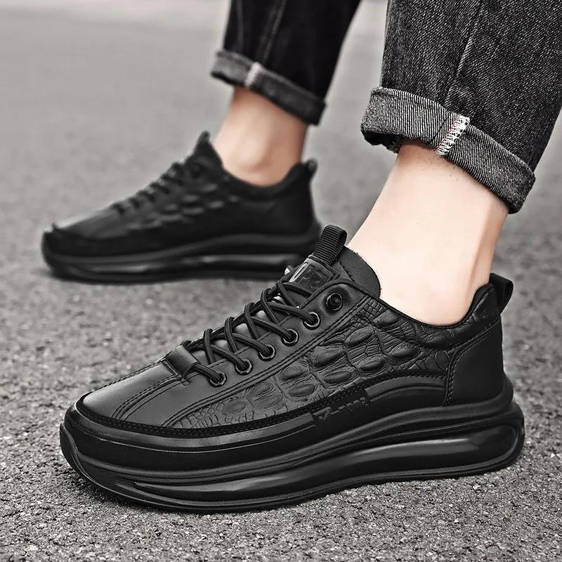 fashion Men's Retro Leather Shoes Men's Genuine Leather Casual Sneakers Alligator Pattern  Platform Shoes Men