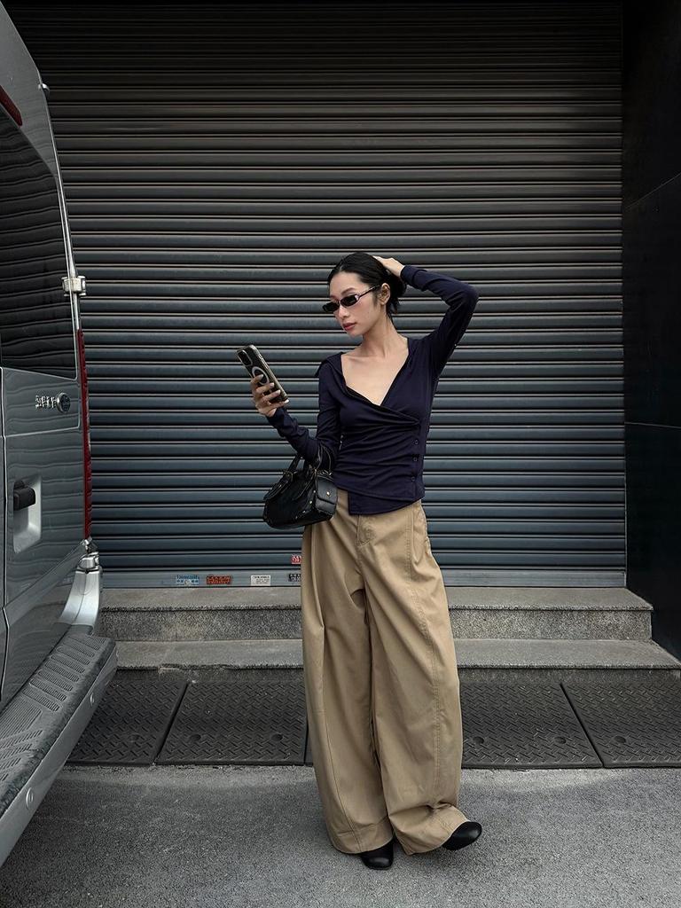 Women's American Lazy Style Loose Wide-Leg Pleated Patchwork Pants 2026