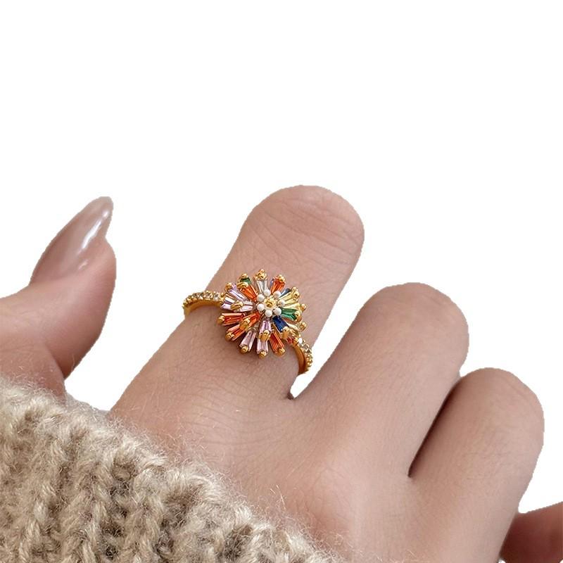 Elegant Zircon Flower Open Ring: Retro Court Style Women's Jewelry with High-End Luxury Design.