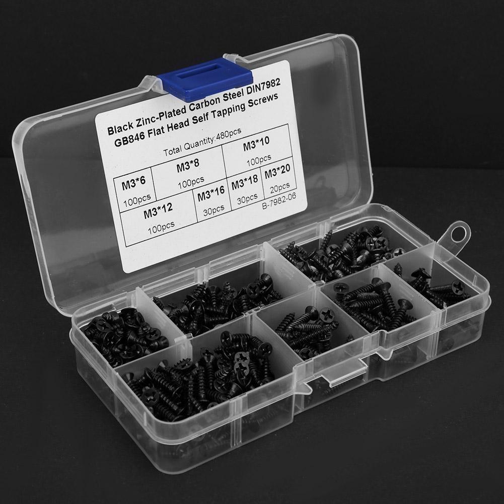 480Pcs Self Tapping Screw M3 Flat Head Cross Carbon Steel Hardware Fasteners Black Nickel Plating(Carbon Steel Black )