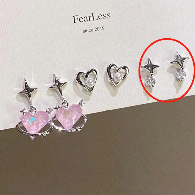 Set de 6 cercei tip stud cu inimioare roz coreene și explozii stelare pentru femei - Modă toamnă/iarnă