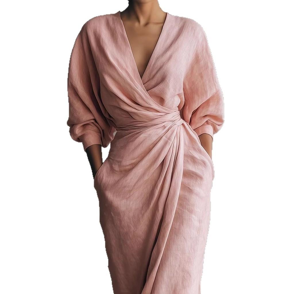 Spring Summer V Neck Waist Tshirt Dress With Slit For Vacation Travel