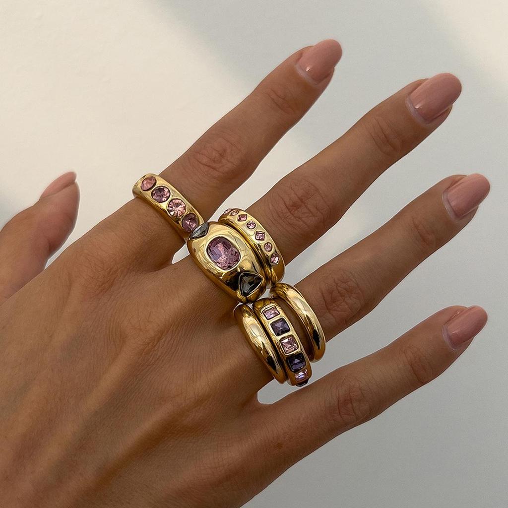 Colored Gemstone Inlaid Ring Set, Metallic Luster Open Ring, Stackable Block Ring, Suitable for Daily Party and Date Jewelry
