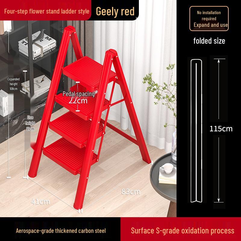 Lightweight Multifunctional Festive Red Three-Step Folding Ladder with High-Grade Anti-Slip Steps for Home Storage.