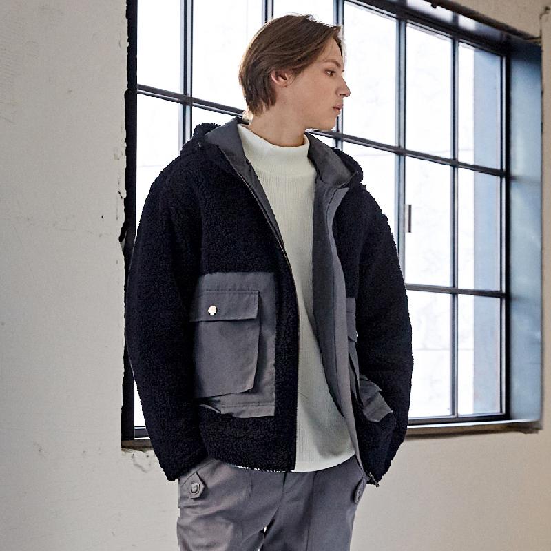Customus Large 3D Pocket Contrast Sherpa Fleece Zip-Up Padded Hoodie Cts22Wkhjb49 Nav