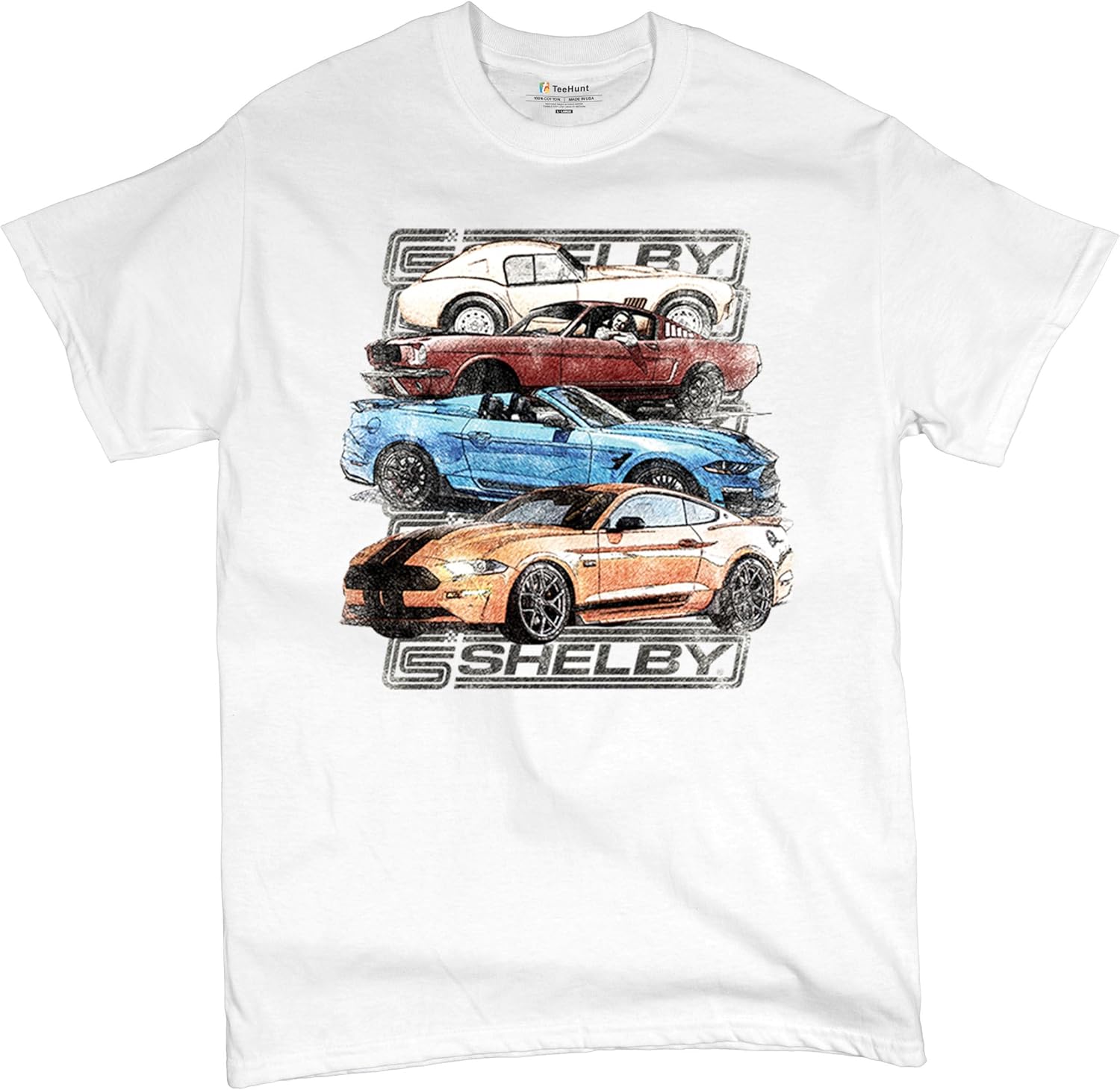 Shelby Cars Sketch T-Shirt Mustang Racing American Muscle Car GT500 Cobra Performance Powered by Ford Men s Tee S разноцветный