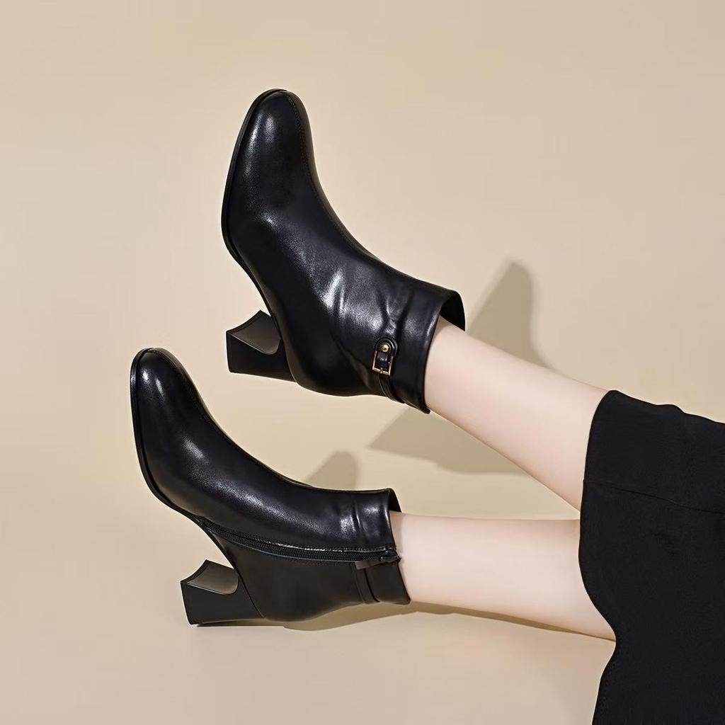 Balerini din piele naturală pentru femei - Piele de oaie, Vârf pătrat, Toc gros, Căptușiți cu pluș pentru iarnă, Piele moale pentru primăvară/toamnă.