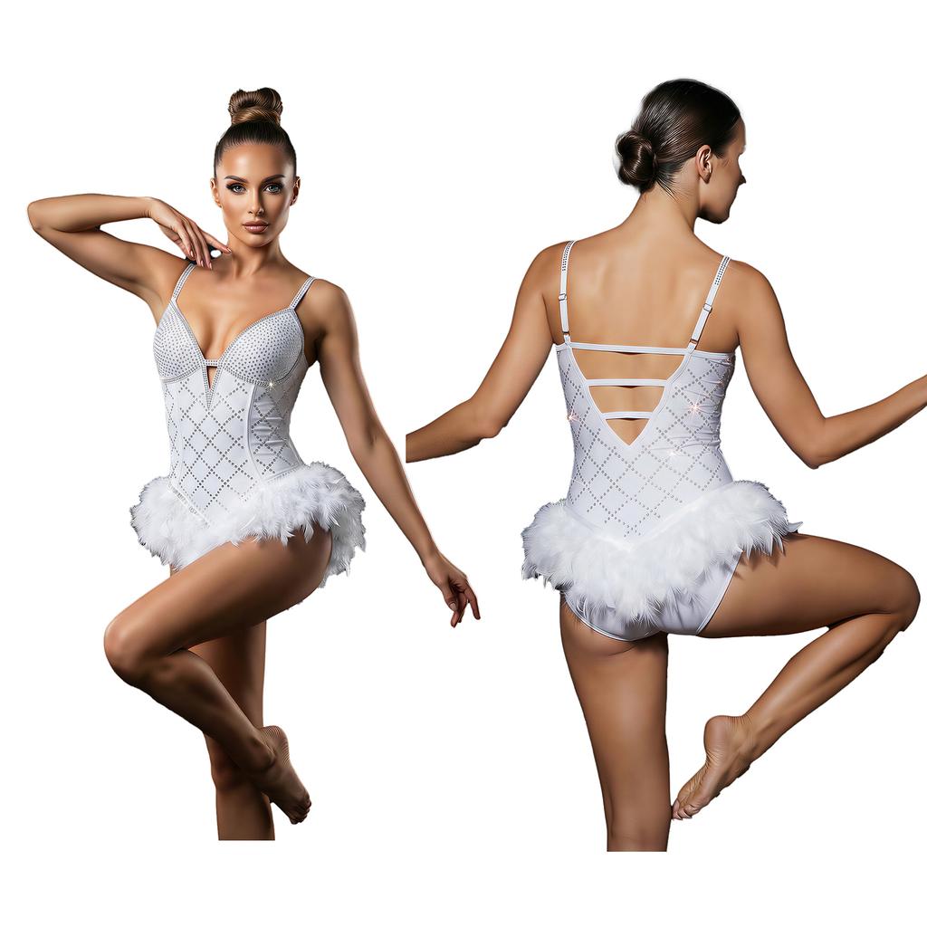 Body da Donna Scintillante con Strass e Piume Scollo a V Profonda Spalline Sottili Regolabili Body con Spalline Incrociate Schiena Scoperta per Nightclub Festa Spettacolo sul Palco