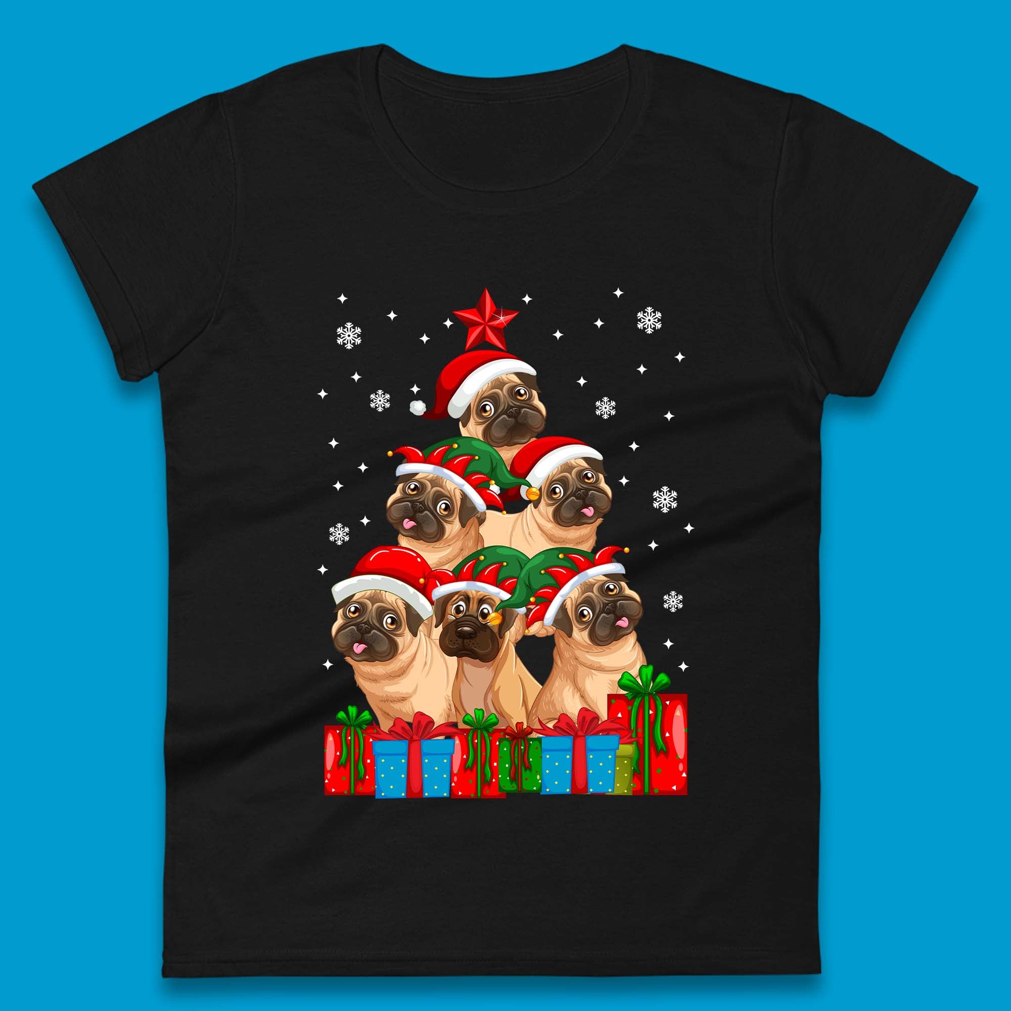 Pug Dog Christmas Tree Womens T-Shirt Mens Tops Tees Unisex 2XL