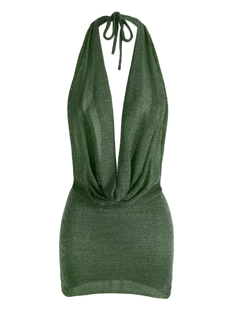 Sexy Stablet Dyp V-hals Skinnende Silke Ermeløs Ryggløs Strikket Strand Mini-kjole 2025 Kvinner Sommer Strandklær Festkjoler K145