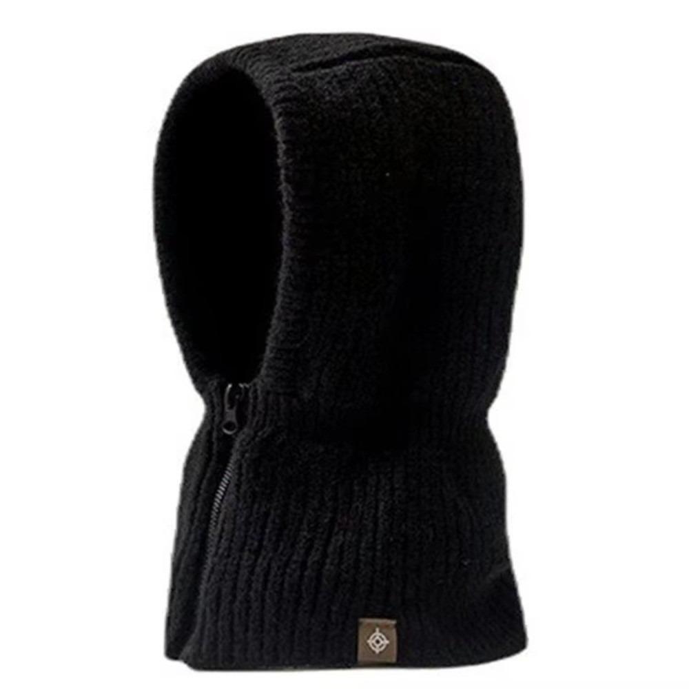 Thickened Wool Knit Hood Hat with Zipper Neck Warmer Pullover Snood Snow Beanie Cap  Winter Outdoor